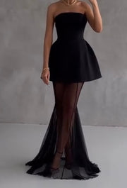 Sexy Tube Top Waist Stitching Mesh Long Dress