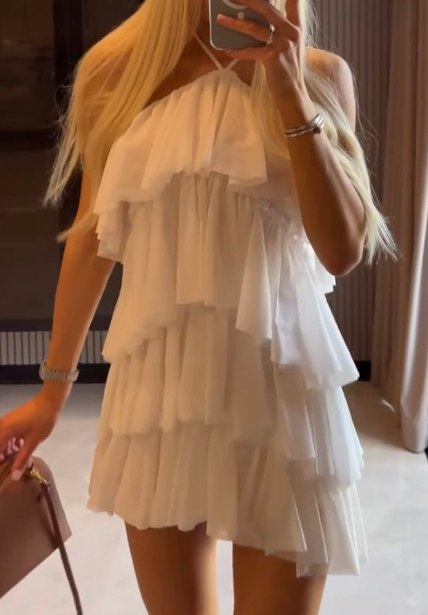 Pure Color Halter Ruffled Tiered Dress