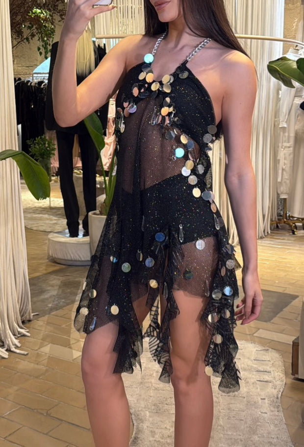 Sexy Pearl Halter Mesh Large Sequins See-through Dress