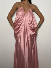 Sexy Temperament V-neck Brace Loose Satin Dress