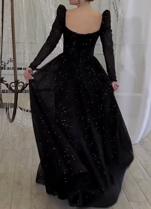 Elegant Graceful Long Sleeve Waist Shiny Mesh Dress