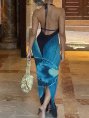 Sexy Cutout Deep V Halter Backless Printing Dress