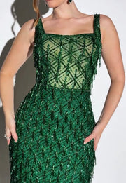 Sexy Strap Beaded Backless Pendant Dress