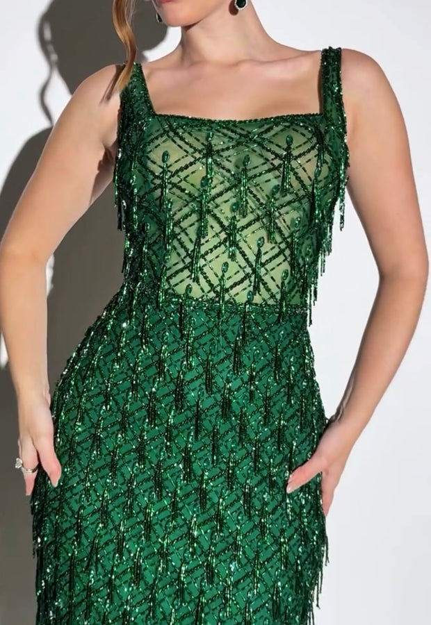 Sexy Strap Beaded Backless Pendant Dress