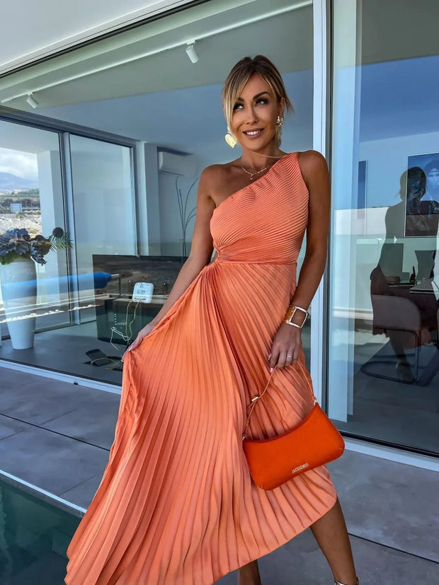 Full Size Single Shoulder Pleated Midi Dress Plus Size