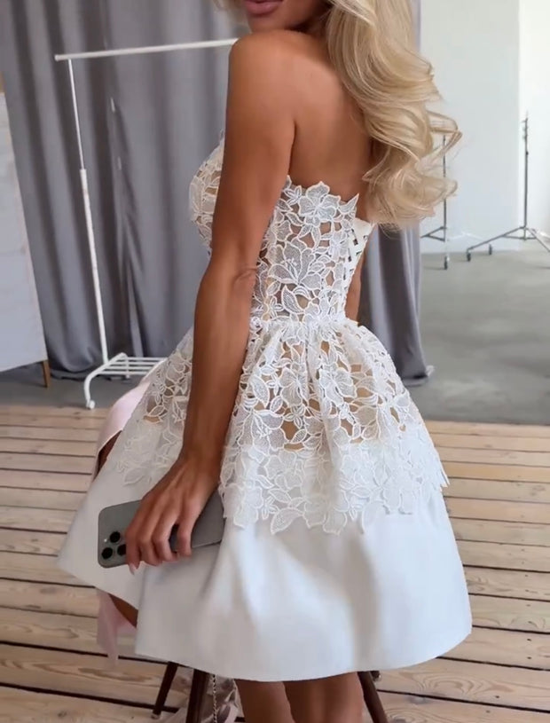 Sexy Tube Top Lace Stitching Puff Short Skirt