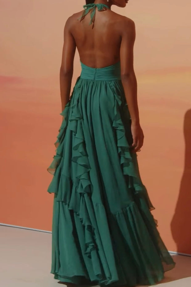 Halter Vacation Style Waist Trimming Ruffles Waist-Slimming Long Dress