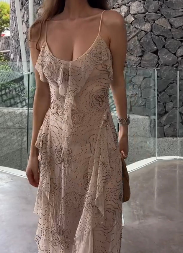 Elegant Beaded Layered Sleeveless Sling Dress