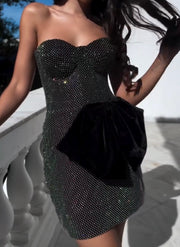 Sexy Wrapped Diamond Shiny Velvet Three-Dimensional Bow Dress