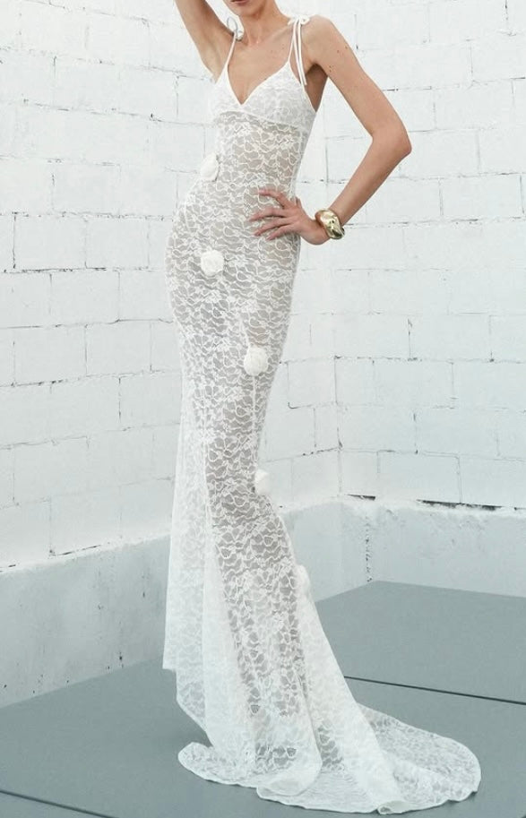 Sexy Sling Lace Three-Dimensional Flower Slightly See-through Dress