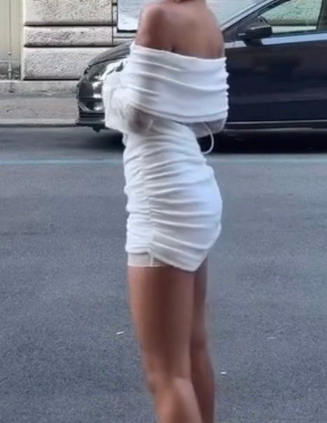 Off-Neck Hip-Wrapped Hot Girl Tight Waist Lace Long Sleeve Dress