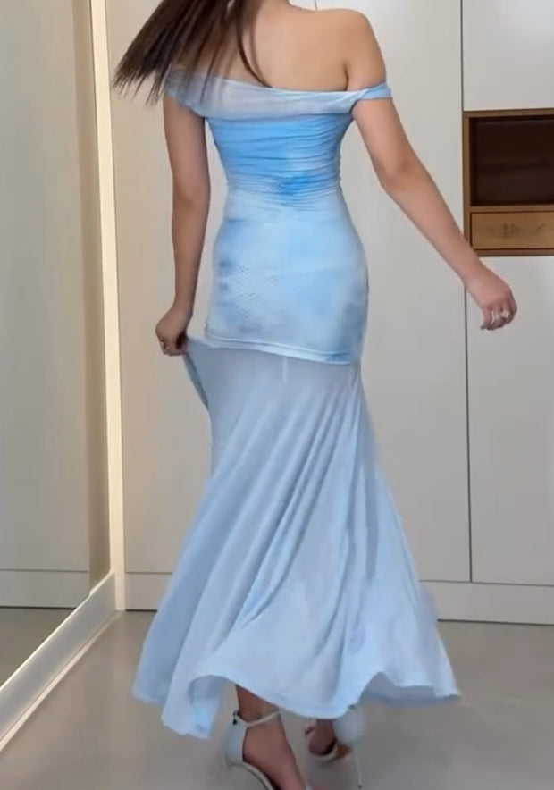 Blue Grenadine off-Shoulder Slim-Fit Sheath Dress