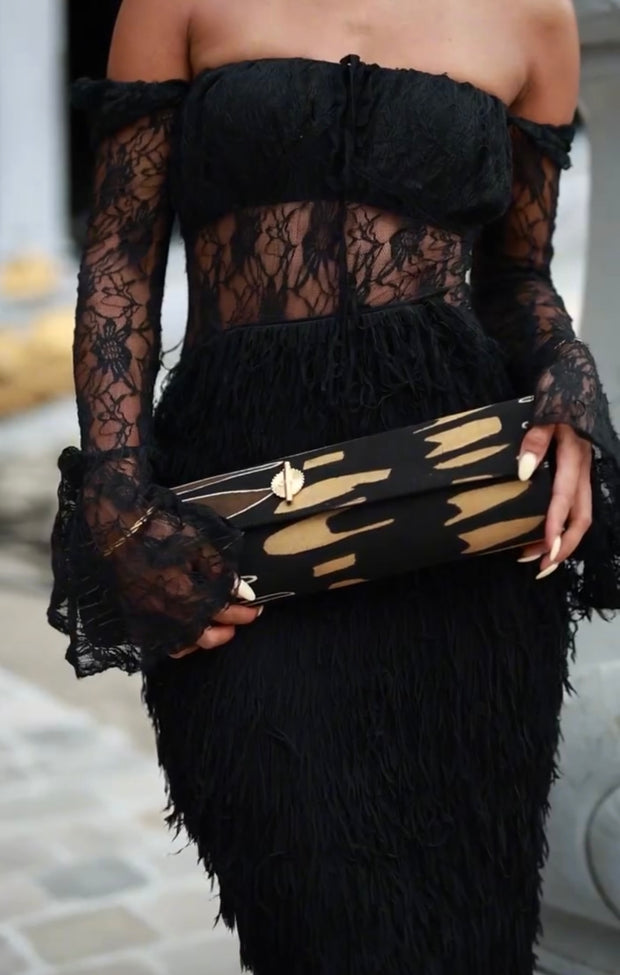 Lace Elegant Light Luxury Black off-the-Shoulder Tassel Dress