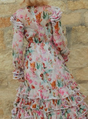 Square Collar Flared Long Sleeve High Waist Print Dress