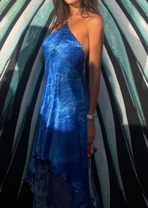 Beautiful Halter Waist Trimming Printing Slimming Dress