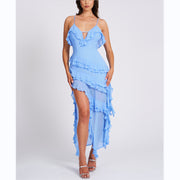 Slingback ruffled dress with slit hem