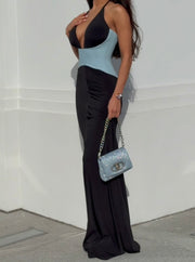 Fashion Sexy Halter V-neck Color-Block Waist-Tight Long Dress