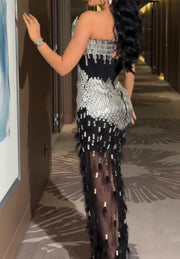Graceful Tube Top Heavy Industry Shiny Diamond Stitching Mesh Dress