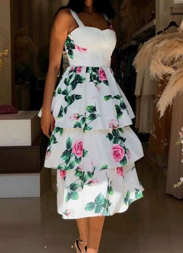 Sexy off-the-Shoulder Roses on a White Background Sleeveless Dress