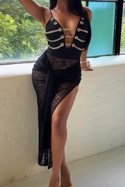 Sexy Halter Wrapping Buckle Iron Chain Stitching Lace Sheath Dress