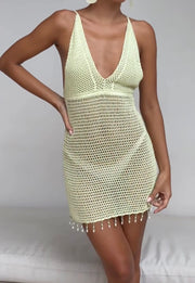 Knitted Hollow Sexy V-neck Halter Backless Lace-up Beach Dress