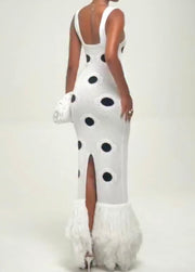 Black Polka Dot Knitted Tassel Suspender Long Skirt