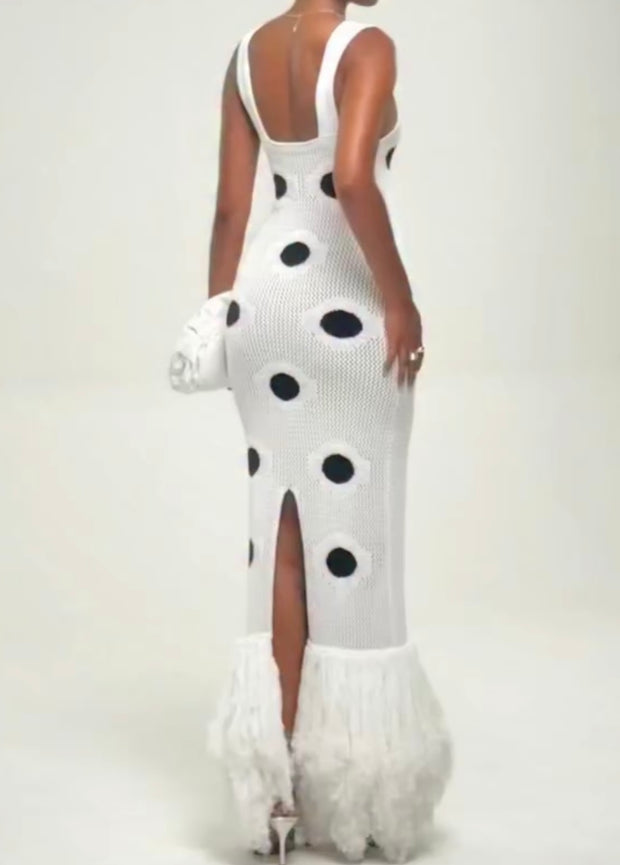 Black Polka Dot Knitted Tassel Suspender Long Skirt