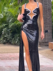 Sexy Heavy-Duty Strap Diamond-Embedded Glossy Hollow Dress
