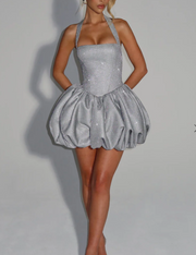 Silver Sexy Halter Lantern Skirt Dress