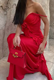 Fashionable Elegant Slim-Fit Flower Ribbon Satin Sling Dress