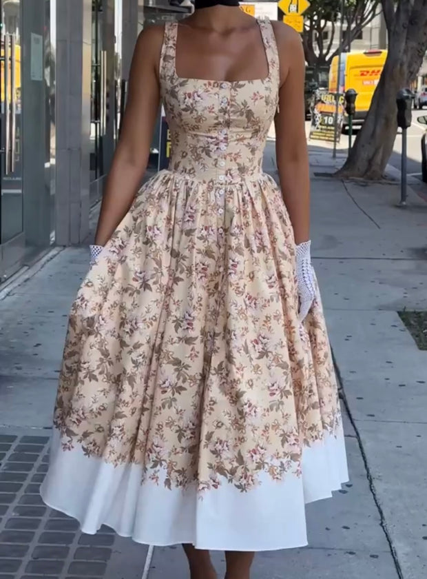 Elegant Romantic Retro Square Collar Breasted Backless Waist Trimming Dress