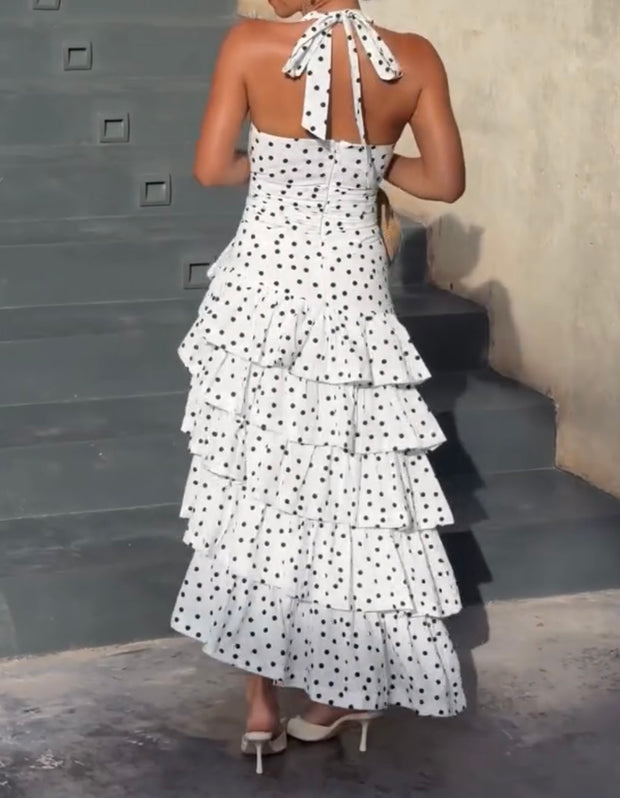 Polka-Dot Slim-Fit V-neck Halter Cake Dress