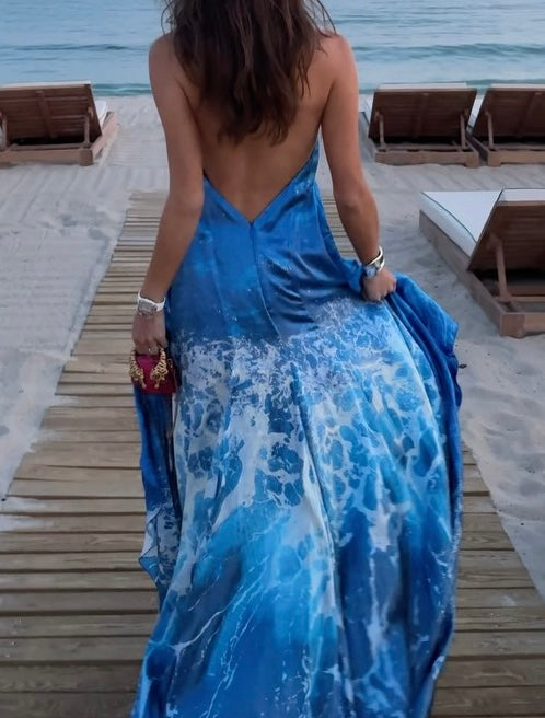 Beautiful Halter Waist Trimming Printing Slimming Dress