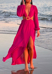 Long Sleeve Midriff Outfit Exposed Sexy Slit Dress