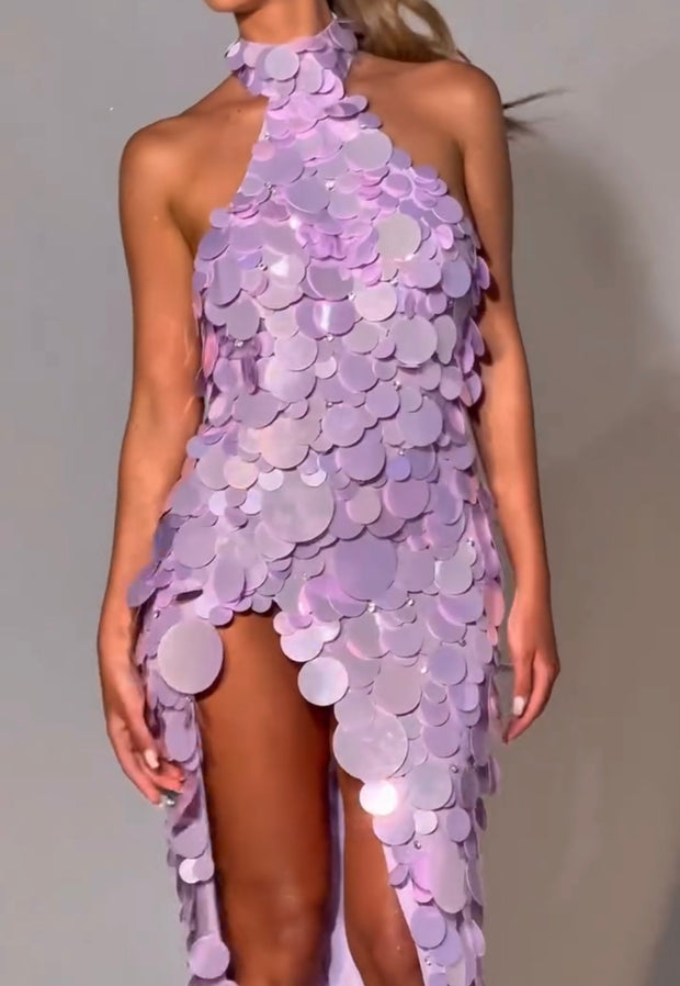 Sexy Halter Hollow-out Sequin Split Dress