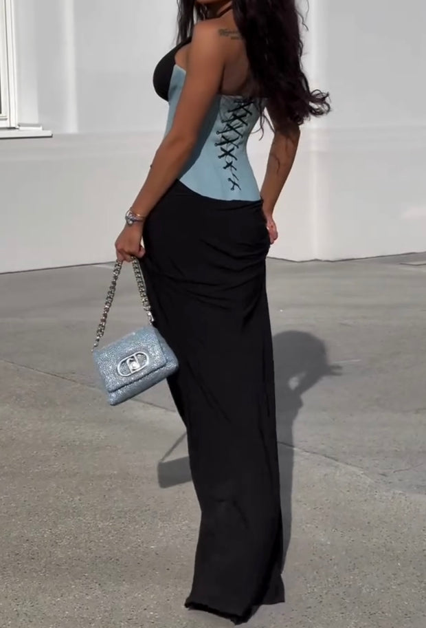 Fashion Sexy Halter V-neck Color-Block Waist-Tight Long Dress