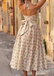 U Collar Halter Backless Floral Pleating Dress