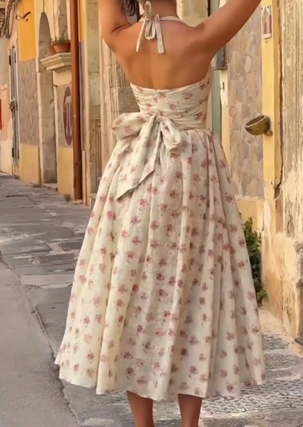 U Collar Halter Backless Floral Pleating Dress