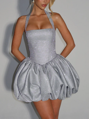 Silver Sexy Halter Lantern Skirt Dress