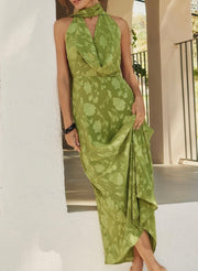 Halter Sleeveless Elegant Waist Trimming Printing Green Dress