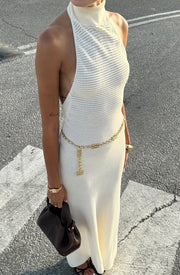 Temperament Crew Neck Knitted Sleeveless Backless Dress