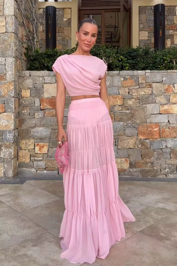 Sexy Elegant Casual Short Sleeve Pleated Solid Color Skirt Suit