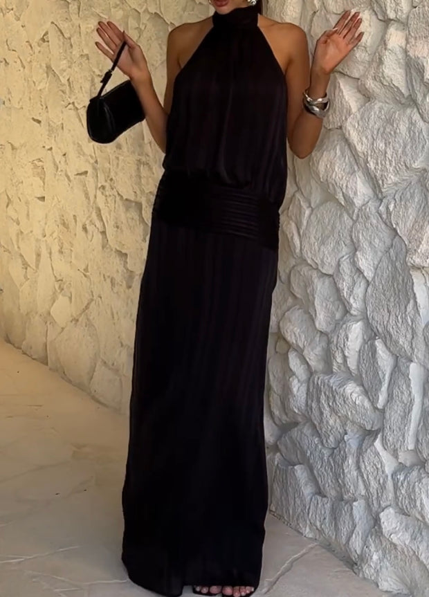 Elegant Halter Exposed Back Pleated Dress Elegant Dress