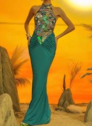 Halter Embroidered Stitching Ruffle Slim Dress