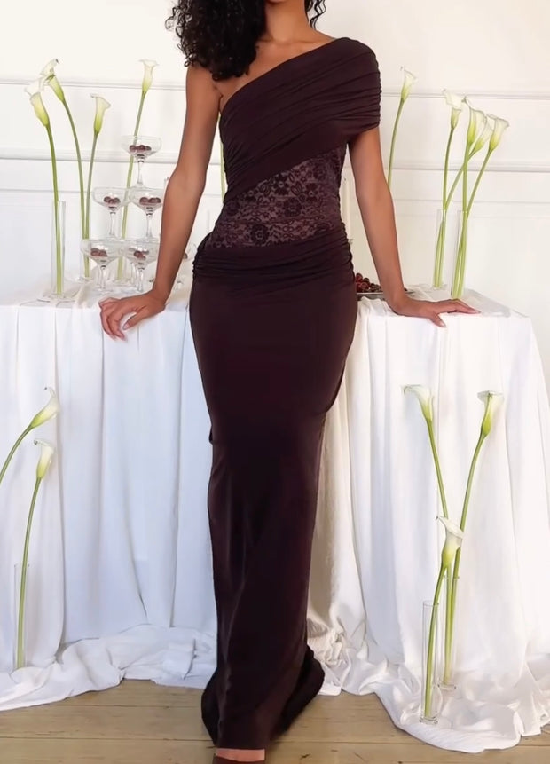 Sleeveless Slim-Fit Oblique Shoulder Fishtail Lace Stitching Tube Top Long Dress