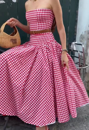Barbie Pink Plaid Sleeveless Patchwork Retro Large Swing Dress