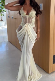 Sexy Halter Lace Fishbone Chest Wrap Hip Stitching Dress