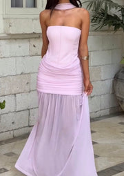 Pure Color Tube-Top Slim Fit High Waist Grenadine Stitching Ribbon Long Dress