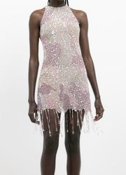 Sexy Halter Sleeveless Beaded Shiny Tight Mini Skirt