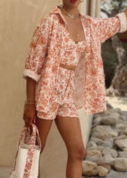 Women's Short-Sleeved Shirt and Elastic Waist A- line Shorts Casual Vacation Floral Printing Suit Summer Clothing